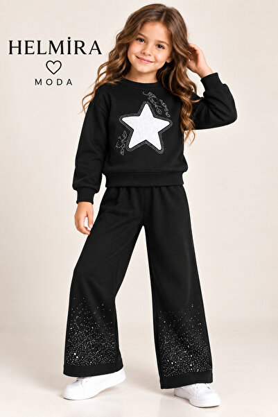 HELMİRA Girl's Three-Yarn Fabric Star-Stone 2-Piece Tracksuit Set-Sweatshirt&...