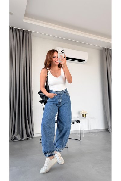 pelin yıldız butik Mavi Vertien Balon Paçası Düğme Detaylı Jean