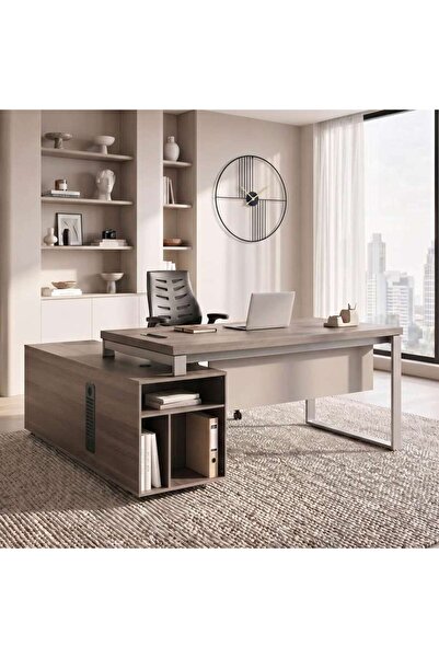PAN HOME BEESLY OFFICE DESK RIGHT SIDE RETURN 200CM - DARK OAK & MIDDLE GREY