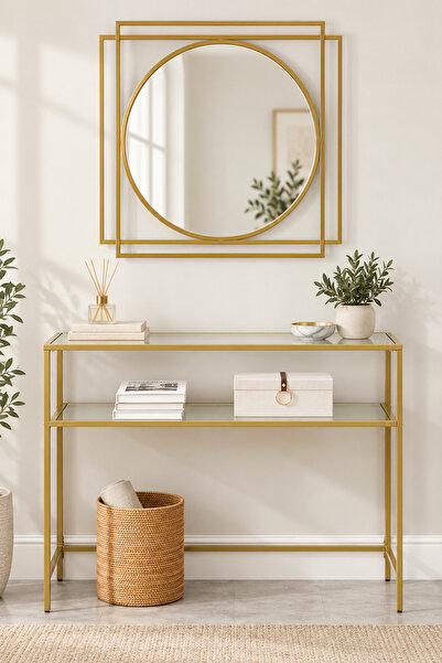 tino furniture Huxley Dresuar ve Drax Ayna Takımı Gold Metal Gövde Şeffaf Cam