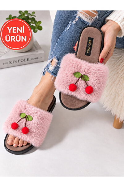 STOCON Cerise Cherry Detailed Plush Women's House Slippers Soft Sole Gift Dow...
