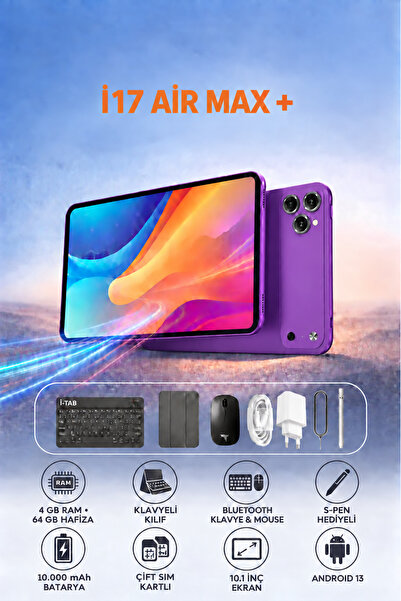 İ-TAB İ17 AİR MAX+ 4GB RAM 64GB Hafıza Klavyeli Kılıf + Bluetooth Klavye & Mo...