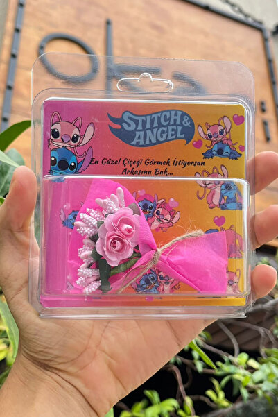 Stitch& Angel Pembe Hot Flowers Hediyelik Çiçek-Arkası Aynalı Özel Tasarım