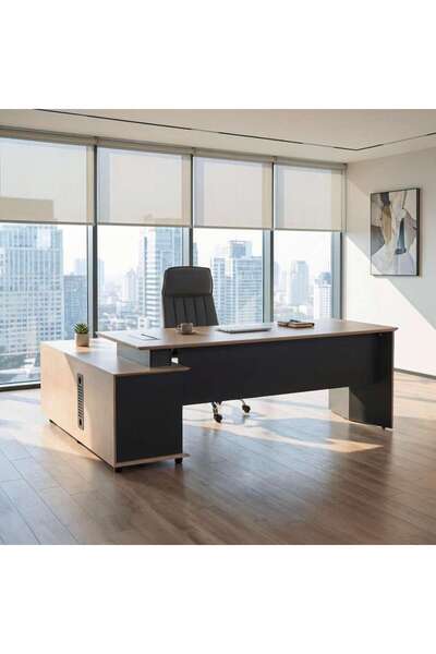 PAN HOME OLSON OFFICE DESK RIGHT SIDE RETURN 200CM - NATURAL & DARK GREY