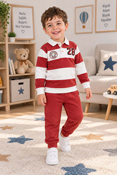 SERPİL Aboys' Tracksuit Set – Polo Neck Striped Sweatshirt and Jogger Pants, ...
