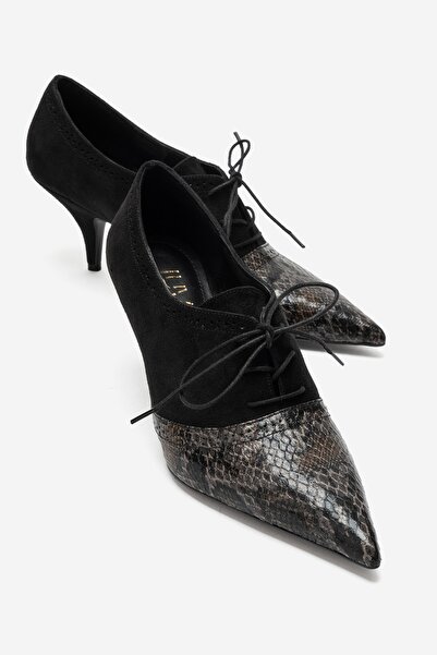 LuviShoes Medley Black Suede Black Patterned Lace-Up Women's Heeled Shoes