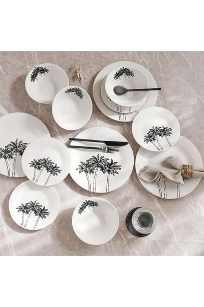 PAN HOME Palm 12-Piece Porcelain Dinner Set -White & Black