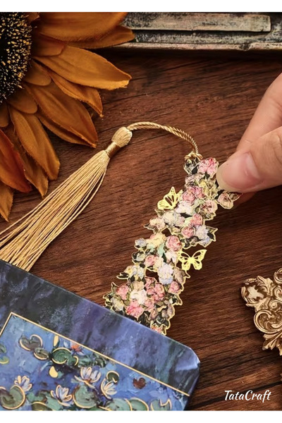 TATA CRAFT Sanatsal Van Gogh Vintage Metal Kitap Ayracı Püsküllü Altın Sarısı...