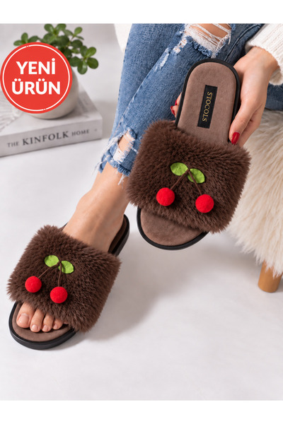 STOCON Cerise Cherry Detailed Plush Women's House Slippers Soft Sole Gift Dow...