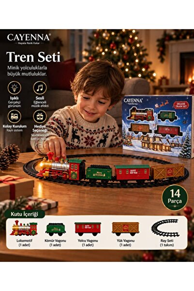 cayenna 14 Parça Işıklı & Sesli Tren Seti – Dekoratif Yılbaşı Treni, Çam Ağac...