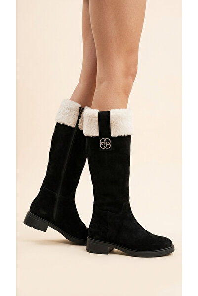Moda Lime Women's Fur Detailed Suede Look Zippered Short Heeled Boots