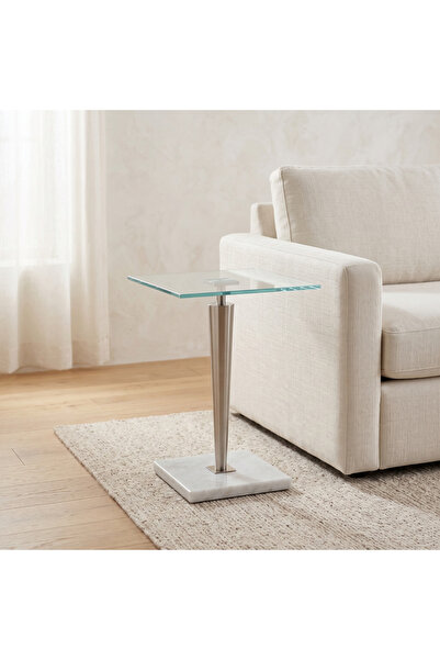 Ebticar Modern Square Tempered Glass Top Marble Base Side Table - Silver