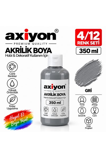 axiyon art Akrilik Boya 350 ml Gri – Su Bazlı Hobi ve Dekoratif Boya