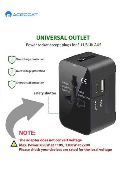 ACECOAT محول سفر عالمي مع منفذ USB-C، محول طاقة دولي مع