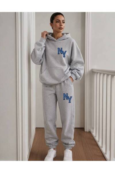 LELVANİ Unisex Σετ φόρμας με κουκούλα και στάμπα NY Blue Text