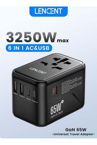 LENCENT Universal Travel Adapter, GaN III 65W International Charger with 2 US...