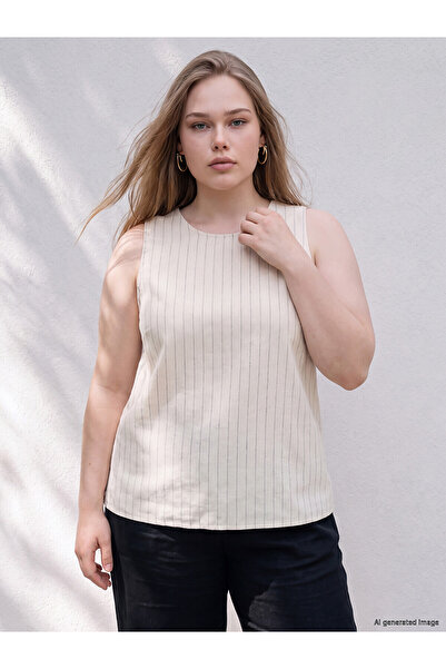 LC Waikiki Two Mt Shop Quality Lcw Curve Beige Striped Oval Neck Sleeveless W...
