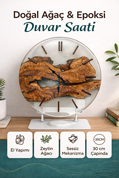 Genel Markalar Doğal Zeytin Ağacı & Epoksi Duvar Saati 30 cm – El Yapımı Deko...