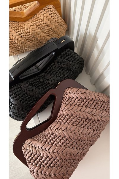 WOMANBAG Handmade Wicker Wooden Handle Handbag Clutch (37X22Cm) Brown