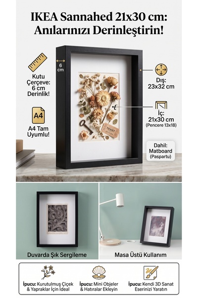 Kentsoylu Sannahed 21x30 cm A4 Siyah Derin Kutu Çerçeve Çiçek Ve Anı Uyumlu 3...
