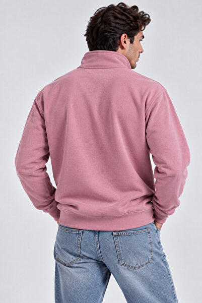 Lizbon Style Relax Fit Rahat Kesim Pamuklu Yarım Fermuarlı Dik Yaka Sweatshirt - Pembe