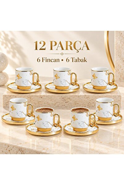 valkyrie 12 Parça 6 Kişilik 80 ml Türk Kahvesi Fincan Takımı Gold Kelebek Des...