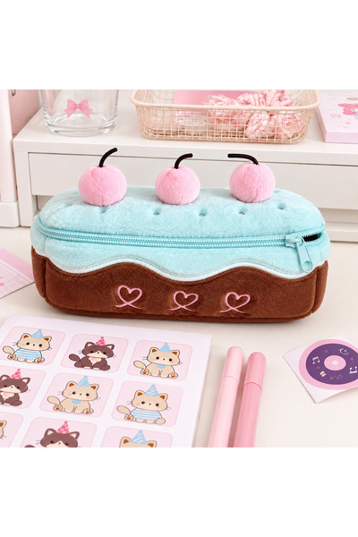 Kawaii Cherry Cake Pasta Pen Holder Pastel Blue-Brown