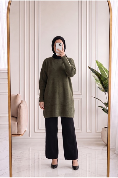 MİHRA STORE Lorin Long Knitwear Tunic with Gold Buttons on the Sleeves-Kr6015...