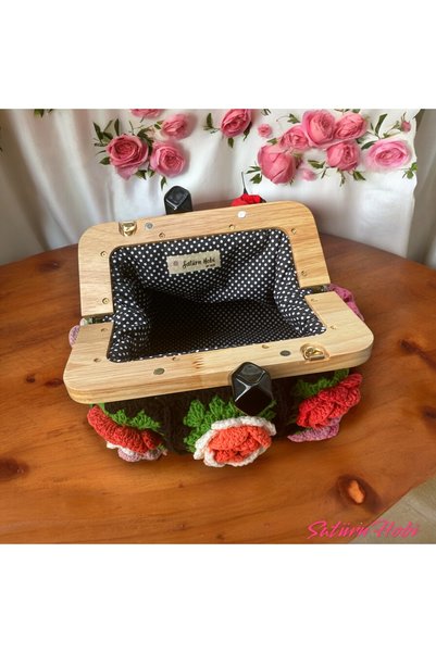 satürn hobi örgü tasarım Knitted Rose Motif Wooden Scholarship Bag