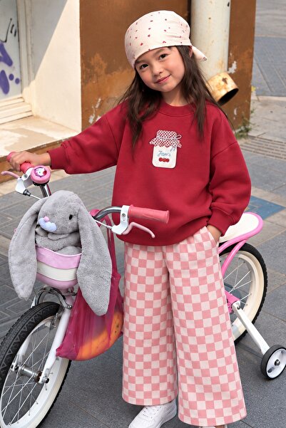 Monila Kız Çocuk Kırmızı Reçel Baskılı Pamuklu Sweatshirt ve Pembe Kareli Eşo...