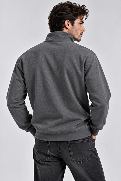 Lizbon Style Relax Fit Rahat Kesim Pamuklu Yarım Fermuarlı Dik Yaka Sweatshirt - Koyu Gri