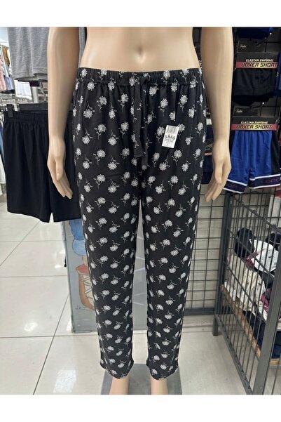 Genel Markalar Ar-Me geniş beden siyah üzeri beyaz çiçekli pamuklu pijama