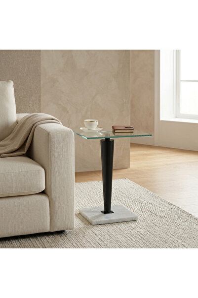 Ebticar Modern Black Square Tempered Glass Top Marble Base Side Table