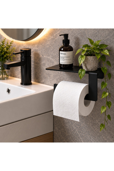 Raflı Tuvalet Kağıtlığı Siyah – Yapışkanlı Delmeden Montaj, Telefon Raflı Metal WC Kağıtlık