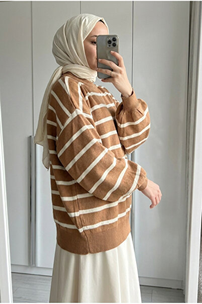 Kirazca Butik Women's Thin Striped Balloon Sleeve Oversize Knitwear Sweater T...