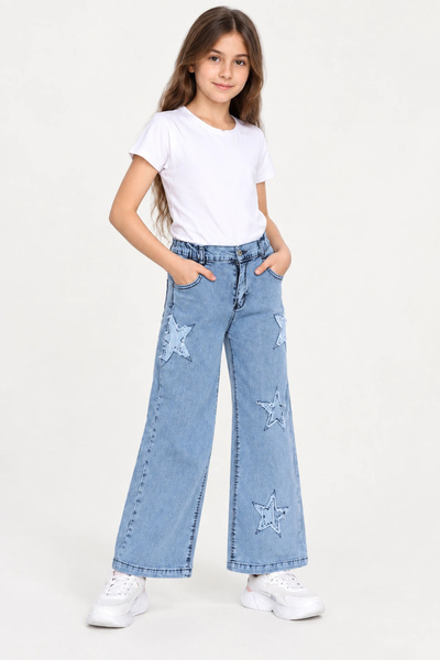 rony pony kids Girl's Light Blue Star Embroidered Wide Leg Lycra Jeans