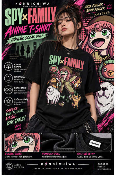 FG KONNİCHİWA Spy X Family Anya Forger Printed Black Anime T-Shirt – Crew Nec...