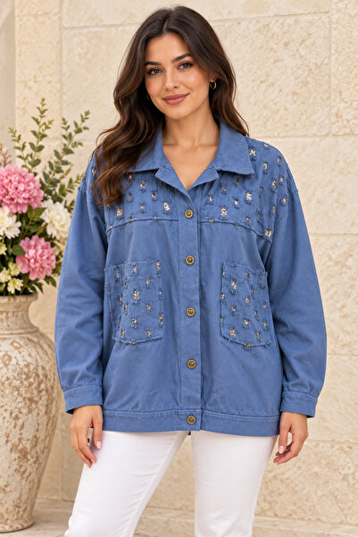 AGORATEKSTİL Women's Italian Gabardine Fabric Double Pocket Sequin Jacket 44-50
