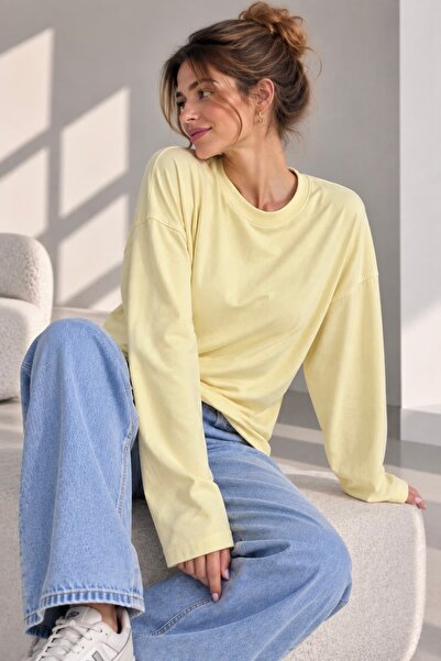 bb butik basic Kadın Modal Oversize Bisiklet Yaka Sweatshirt - Sarı ZG3535