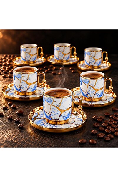 valkyrie 12 Parça 6 Kişilik 80 ml Türk Kahvesi Fincan Takımı Mavi Gold Mermer...