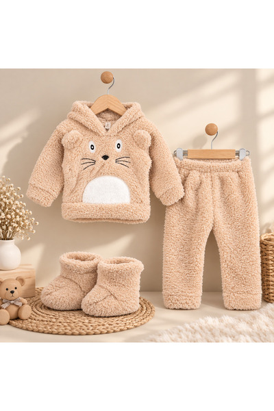 casa nexa Erkek Kız Çocuk Peluş Takım – Sevimli Kedi Desenli Kapüşonlu Sweats...
