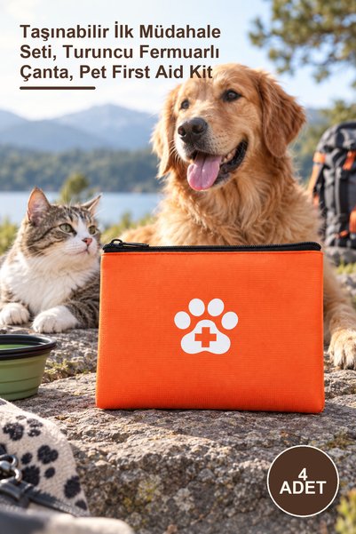 Yenilig 4 Adet Evcil Hayvan İlk Yardım Çantası – Taşınabilir İlk Müdahale Seti, Turuncu Fermuarlı Çanta, Pet First Aid Kit