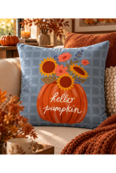 RahanDesign Autumn Themed 3-Piece Throw Pillow Cover Set - Pumpkin & Floral Patterned Double-Sided Suede Decorative Throw Pillow - 43X43 & 30X50 cm