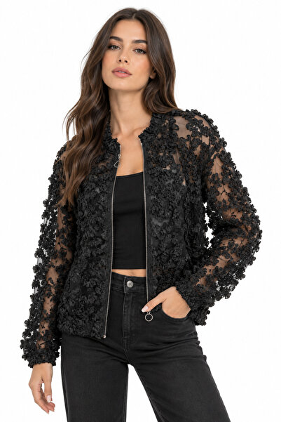LOKADI Women's Black 3D Floral Tulle Lace Bomber Jacket Zippered Stylish Even...