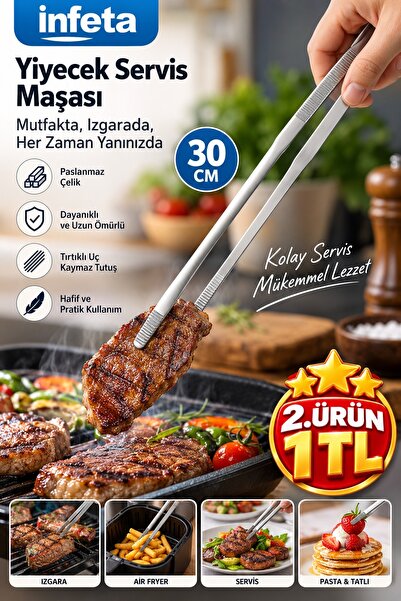 İnfeta 30 cm Stainless Steel Chef Tweezers Kitchen Serving Tongs Meat Grillin...