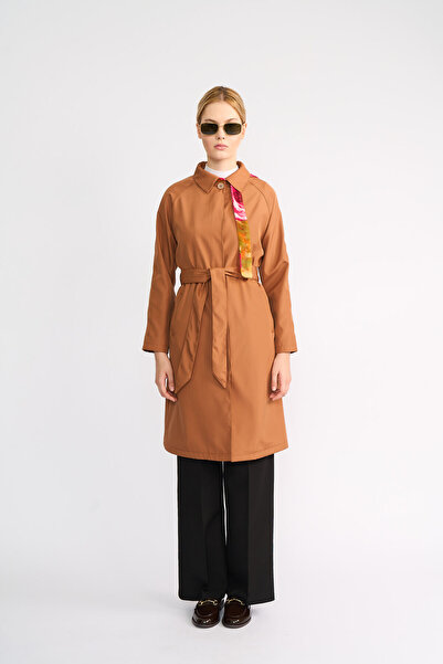 Volanlı Camel Classic Collar Belted Midi Trench Coat