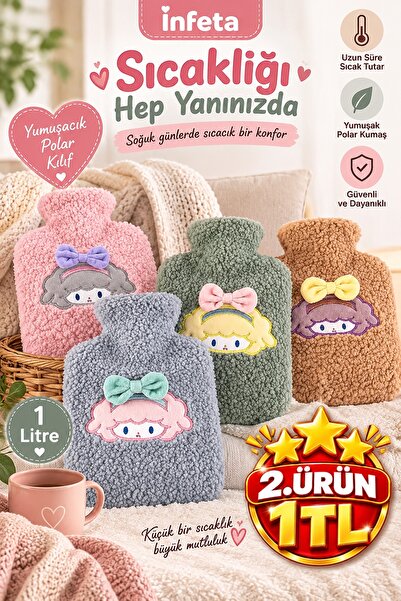 İnfeta 1 Liter Plush Covered Hot Water Bag with Ribbon and Girl Figure Thermofor