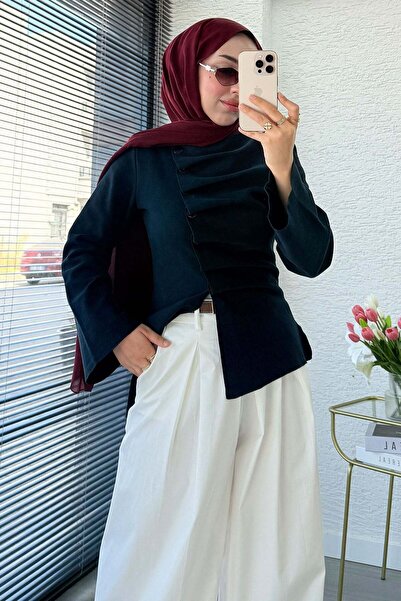 MELEK ARAZ Premium Buttoned Front Thessaloniki Blouse Cardigan - Navy Blue