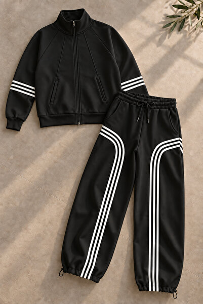 OTAKU Women's Stripe Detailed Zippered Top Wide Leg 2-Piece Tracksuit Set