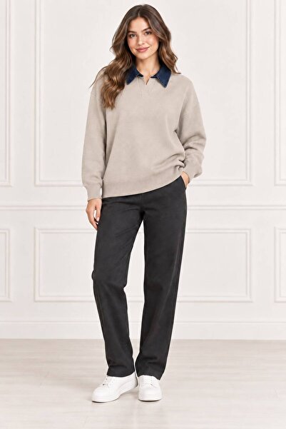 Sfg Life Moda Women's Denim Shirt Collar Long Sleeve Oversize Knitwear Sweater